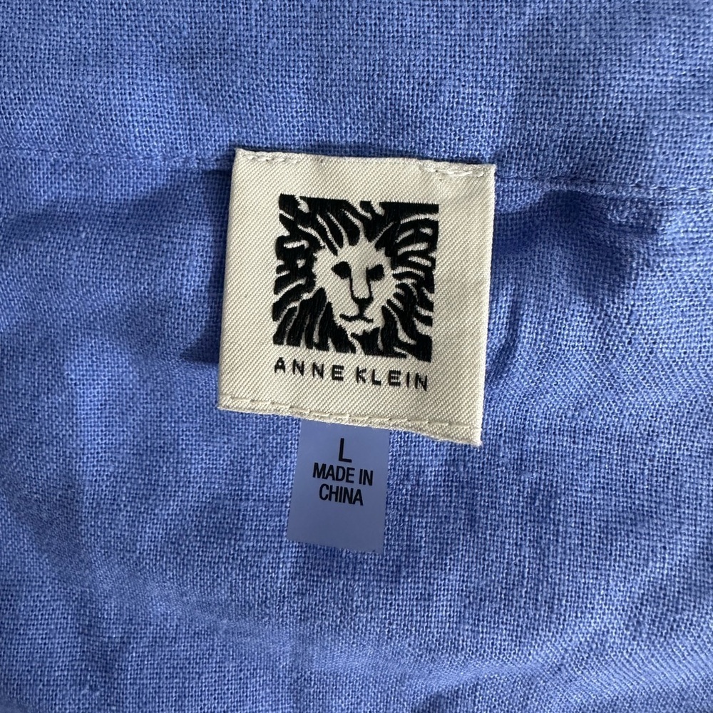 Anne Klein Sz L Women’s Linen Blend Short Sleeve Front Tie Blue Top Boho Resort - Picture 9 of 13